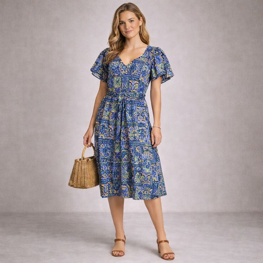 MARIE OLIVER Blue Print Cotton SMALL Dress Belted Short Sleeve Women’s Tie Waist